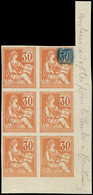 (*) VARIETES - 115   Mouchon, 30c. Orange, BLOC De 6 Cdf, Une Valeur Faciale Rayée En Bleu, ESSAI De Couleur Pour Le Tim - Oblitérés