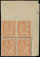 ** VARIETES - 117   Mouchon, 15c. Orange, BLOC De 4 Cdf, NON DENTELE Tenant à Dentelé, Ch. S. 1 T., Spectaculaire Et TB - Used Stamps