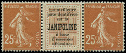 ** VARIETES - 235   Semeuse Camée, 25c. Brun-jaune, PAIRE Interp. Pub JANIPOLINE, TB, Cote Maury - Used Stamps