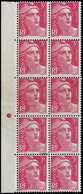 ** VARIETES - 716   Gandon,  3f. Rose, BLOC De 10, IMPRESSION Sur RACCORD, TB - Used Stamps