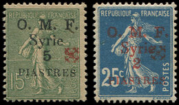 * SYRIE 51/52 : 2pi. Sur 25c. Bleu Et 5pi. Sur 15c. Vert Olive, Fleurons Rouges, TB - Otros & Sin Clasificación