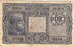 ITALY 10 LIRE 1944 P-32b G-VG "free Shipping Via REGULAR Air Mail (buyer Risk)" - Italia – 10 Lire