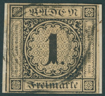 BADEN 1a BrfStk, 1851, 1 Kr. Schwarz Auf Sämisch, Allseits Vollrandig Auf Kleinem Briefstück, Kabinett, Mi. (1000.-) - Autres & Non Classés