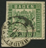 BADEN 21a BrfStk, 1862, 18 Kr. Grün, K2 HEIDELBERG, Auf Briefstück, Feinst (unten Kleines Rißchen), Kurzbefund Brettl, M - Otros & Sin Clasificación