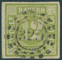 BAYERN 12 O, 1862, 12 Kr. Dunkelgelbgrün, Zentrischer MR-Stempel 325 (MÜNCHEN), Pracht, Gepr. Brettl, Mi. 100.- - Otros & Sin Clasificación