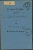 KLEINWALLSTADT, K1, Briefpost-Rücksein (1886), Einschreiben Mit Zusätzlichem R-Zettel Mit Gedruckter Nummer, Zurück Nach - Andere & Zonder Classificatie