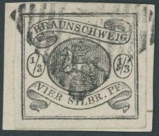 1853, 1/3 Sgr. Schwarz, Allseits Breitrandig Auf Briefstück (Marke Zur Kontrolle Gelöst Und Mit Falz Befestigt), Pracht, - Braunschweig