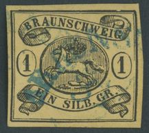 BRAUNSCHWEIG 6aY O, 1853, 1 Sgr. Schwarz Auf Sämisch, Wz. Mundstück Nach Links, Blauer Halbkreisstempel, Kabinett, Mi. 1 - Braunschweig