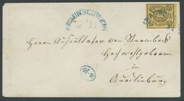 1853, 1 Sgr. Schwarz Auf Sämisch, Wz. Mundstück Nach Links, Mit Blauem Halbkreisstempel Auf Brief Nach Quedlinburg, Fein - Braunschweig