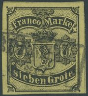 1860, 7 Gr. Schwarz Auf Gelboliv, Zwei Kleine Rückseitige Schürfungen Sonst Farbfrisch Pracht, Gepr. W. Engel, Mi. 1100. - Bremen