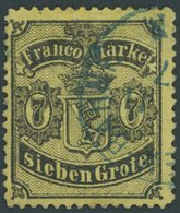 1867, 7 Gr. Schwarz Auf Hellrötlichgelb, Blauer K1 BREMEN-BAHNF., Kleine Korrekturen, Wie Pracht, Gepr. Grobe, Mi. 5500. - Brême