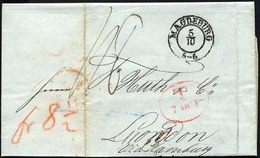 HAMBURG 1842, T 7 OCT, Rote Sonderform Auf Brief Von Magdeburg (K2) Via Hamburg Nach London, Rückseitiger Durchgangsstem - Prephilately