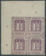HAMBURG 20a VB *, 1866, 11/4 S. Dunkelbraunviolett Im Viererblock Aus Der Linken Oberen Bogenecke, Mit Reihenzählern!, F - Hamburg