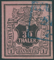 HANNOVER 3bW O, 1855, 1/30 Th. Schwarz Auf Himberrot, Kopfstehendes Wz., Punkthelle Stelle Sonst Pracht, Mi. 300.- - Hannover