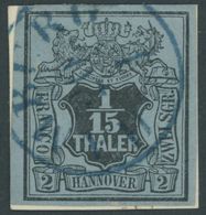 1851, 1/15 Th. Schwarz Auf Graublau Auf Kleinem Briefstück, Blauer K1 HAMBURG, Pracht -> Automatically Generated Transla - Hanovre