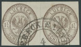 LÜBECK 13b Paar O, 1864, 11/4 S. Dunkelbraun Im Waagerechten Paar, K2 LÜBECK BAHNHOF, Pracht, Gepr. W. Engel - Luebeck