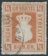 1864,  1/4 Sgr. Schwärzlichrotorange, Bildseitig Farbfrisches Dekoratives Prachtstück, Mehrfach Etwas Erhöht Signiert, U - Mecklenburg-Strelitz