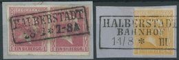 1858/9, 1 Sgr. Karminrosa Und 3 Sgr. Gelborange, R2 HALBERSTADT Und HALBERSTADT BAHNHOF, 2 Prachtbriefstücke -> Automati - Otros & Sin Clasificación