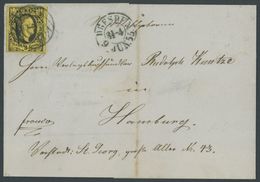 1855, 3 Ngr. Schwarz Auf Mittelolivgelb, Prachtstück Auf Brief Von DRESDEN Nach Hamburg -> Automatically Generated Trans - Saxe