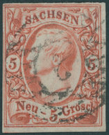 SACHSEN 12c O, 1856, 5 Ngr. Karminrosa, Pracht, Gepr. W. Engel, Mi. 150.- - Saxony