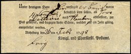 SCHLESWIG-HOLSTEIN RATZEBURG, Ortsdruck Auf Einlieferungsschein: Unter Heutigem Dato.... (1798), Pracht - [Voorlopers
