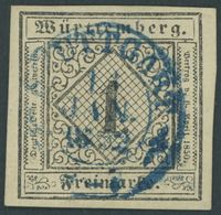 1851, 1 Kr. Schwarz Auf Sämisch, Zentrischer Blauer K2 STUTTGART, Allseits Breitrandig, Pracht -> Automatically Generate - Altri & Non Classificati