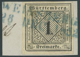 1851, 1 Kr. Schwarz Auf Sämisch, Blauer L2 WEINSBERG, Allseits Breitrandig, Prachtbriefstück -> Automatically Generated  - Autres & Non Classés