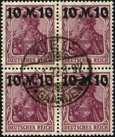 Dt. Reich 157II VB O, 1921, 10 M. Auf 75 Pf. Schwärzlichrosalila, Aufdruck Rußig, Im Zentrisch Gestempelten Viererblock, - Usados