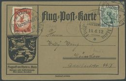 1912, 10 Pf. Flp. Am Rhein Und Main Auf Flugpostkarte Mit 5 Pf. Zusatzfrankatur, Sonderstempel Darmstadt 14.6.12, Je Mit - Posta Aerea & Zeppelin