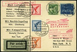 KATAPULTPOST 45cSW BRIEF, Mitläuferpost Aus Schweden: 2.6.1931, &quot,Europa&quot, - New York, Zweiländerfrankatur, Prac - Luft- Und Zeppelinpost