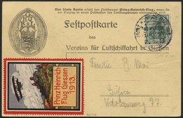 PIONIERFLUGPOST 1909-1914 20/02 BRIEF, 12.5.1913, Prinz Heinrich Flug - Nebenetappe Gießen, Festpostkarte Mit Vignette,  - Aerei