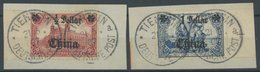 DP CHINA 44IAI,45IAII BrfStk, 1906, 1/2 D. Auf 1 M. Und 1 D. Auf 2 M., Mit Wz., Je Auf Briefstück, Randstücke, Pracht, M - Deutsche Post In China