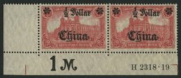 DP CHINA 44IIBR HAN **, 1919, 1/2 D. Auf 1 M., Mit Wz., Kriegsdruck, Aufdruck Glänzend, Im Waagerechten Paar Aus Der Lin - Deutsche Post In China