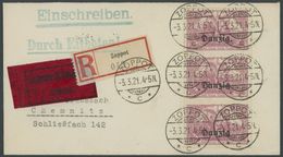 1921, 2.50 M. Rosalila Im Senkrechten Dreierstreifen Auf Eil-Einschreibbrief Von ZOPPOT Nach Chemnitz, Pracht, Gepr. Kni - Sonstige & Ohne Zuordnung