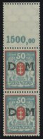1922, 50 M. Rot/mitttelgrünlichblau, Wz. 3Y, Im Senkrechten Paar Mit Oben Anhängendem Leerfeld In Markengröße, Pracht -> - Autres & Non Classés