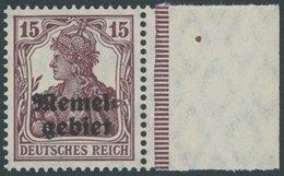 1920, 15 Pf. Braunlila Vom Rechten Rand, Senkrecht Geriffelte Gummierung, Postfrisch, Pracht, Fotoattest Huylmans, Mi. 1 - Memelland 1923