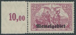 1920, 2.50 M. Rotlila Vom Linken Rand, Postfrisch, Pracht, Kurzbefund, Huylmans, Mi. 200.- -> Automatically Generated Tr - Memelland 1923