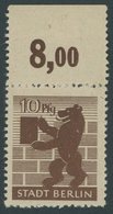 1945, 10 Pf. Schwarzbraun, Gezähnt, Graurosa Papier, Geriffelte Gummierung, Oberrandstück, Postfrisch, Pracht, R!, Fotoa - Other & Unclassified