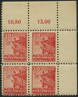 MECKLENBURG-VORPOMMERN 36zb VB **, 1946, 12 Pf. Rot, Dünnes Papier, Im Oberen Rechten Eckrandviererblock, Pracht, Gepr.  - Sonstige & Ohne Zuordnung