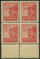 MECKLENBURG-VORPOMMERN 36zz VB **, 1946, 12 Pf. Rot, Dünnes Papier, Diagonal Genetzte Gummierung, Im Viererblock Vom Unt - Sonstige & Ohne Zuordnung