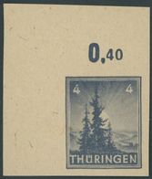 THÜRINGEN 93V1 **, 1946, Versuchsdruck: 4 Pf. Schwarzblaugrau, Vollgunmmierung, Ungezähnt, Obere Linke Bogenecke, Pracht - Sonstige & Ohne Zuordnung