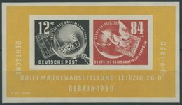 DDR Bl. 7III *, 1950, Block DEBRIA Mit Abart Schräger Weißer Strich über 1 Des Datums 3.9.1950, Falzrest, Pracht - Gebraucht