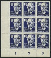 DDR 339PFIII **, 1952, 80 Pf. Thälmann Mit Plattenfehler Fleck Am Kinn Und Strich Am Kragen (Feld 73) Im Neunerblock Aus - Used Stamps