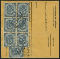 BUNDESREPUBLIK 134 BRIEF, 1954, 50 Pf. Posthorn Im Sechserblock Rückseitig Mit 70 Pf. Zusatzfrankatur Auf Paketkarte Aus - Gebraucht