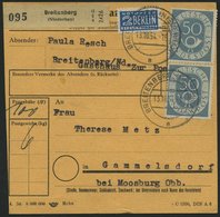 BUNDESREPUBLIK 134 Paar BRIEF, 1954, 50 Pf. Posthorn Im Senkrechten Paar Als Mehrfachfrankatur Auf Paketkarte Aus BREITE - Gebruikt