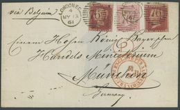 1861, 1 P. Rot, 2x Mit 4 P. Karminrot (Zahnfehler) Auf Dekorativer Prachtbriefhülle Von London Nach München, Roter Neben - Gebraucht