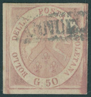 NEAPEL 7 O, 1858, 50 Gr. Braunrosa, Helle Stelle, Bildseitig Pracht, Fotoattest Sorani, Mi. 3200.- - Napoli