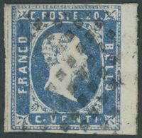 1851, 20 C. Blau, Rechtes Randstück, Feinst, Signiert, Mi. (150.-) -> Automatically Generated Translation: 1851, 20 C. B - Sardegna