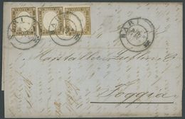 1863, 10 C. Olivbraun, 3x (linke Marke Einseitig Berührt Sonst Alle Breitrandig) Auf Brief Von BARI Nach Foggia, Pracht  - Sardinië