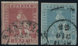 1853, 1 Cr. Karmin Und 2 Cr. Blau, Graublaues Papier, 2 Vollrandige Prachtwerte, Mi. 150.- -> Automatically Generated Tr - Toscana